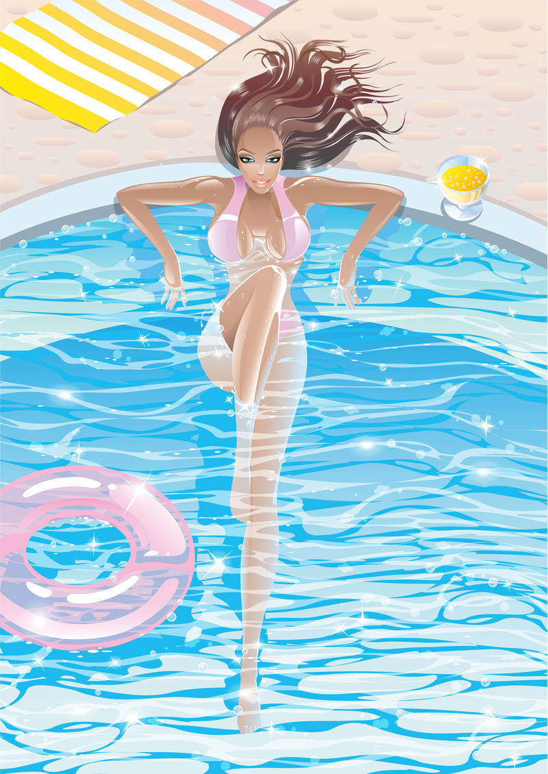 性感晒黑的蓝眼睛年轻优雅迷人的黑发女孩-在一个粉红色的游泳池里-在炎热阳光明媚的夏日休息-坐在游泳池里-从上面可以看到鸡尾酒饮料