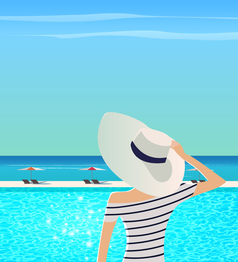 戴宽边帽的女人在欣赏大海。