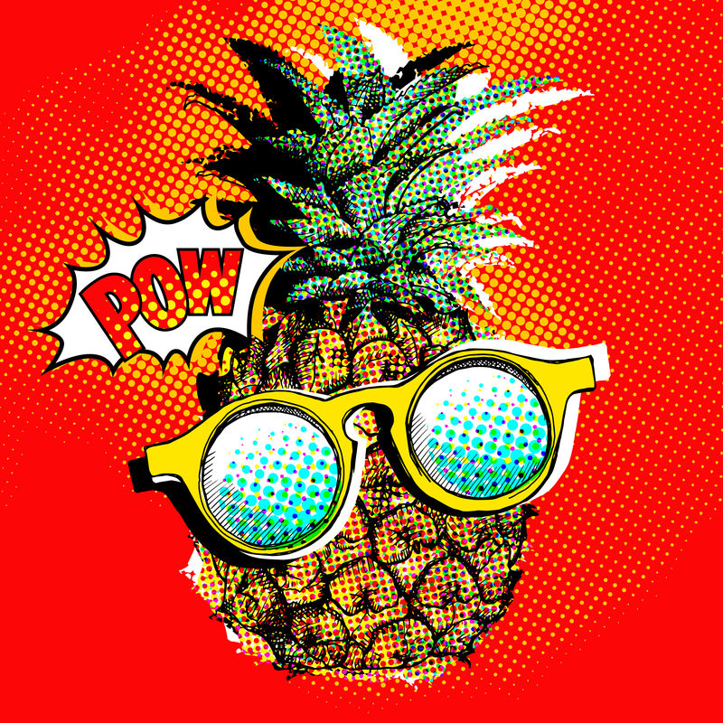 波普艺术漫画海报-上面画着一个戴眼镜的菠萝-矢量图解