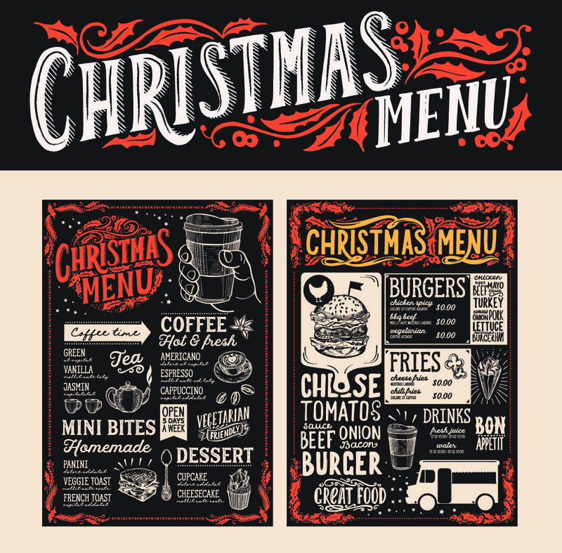 餐厅的圣诞和新年食品菜单模板。矢量