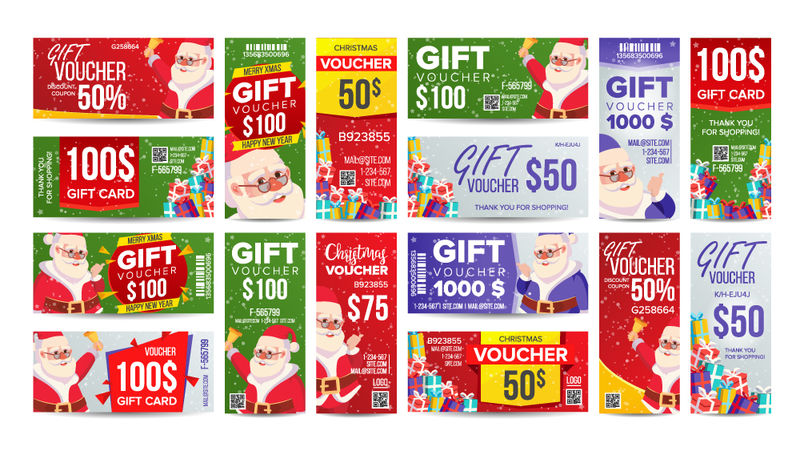 礼券设计-设置水平垂直折扣-圣诞快乐-圣诞老人和礼物-冬季广告