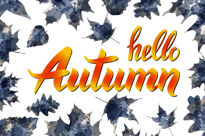 凉爽清新的蓝色Hello秋季设计，优雅的白色文字和橙色秋叶串在渐变蓝色背景上，具有辉光效果，矢量插图
