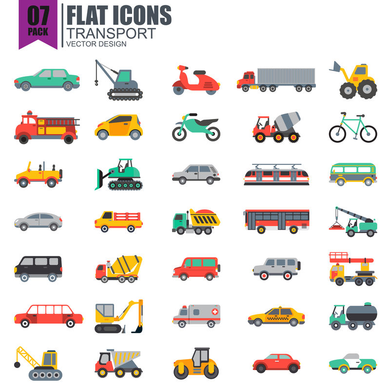 一套简单的交通平面图标矢量设计-包括出租车、火车、电车、公共汽车、汽车、拖拉机、起重机等-像素完美-可用于网站、信息图表、移动应用程序