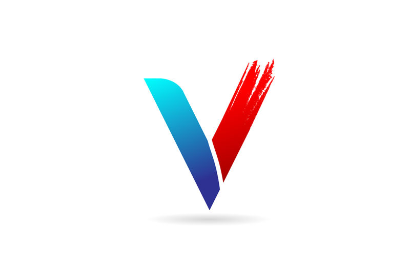 V公司用带粗刷图案的蓝红色字母