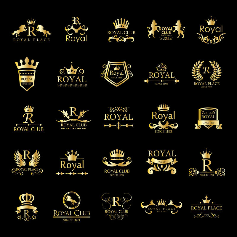 皇家标志集-黑色背景隔离-矢量插图-平面设计-用于Web、网站、打印、演示模板、应用程序、移动应用程序和促销材料
