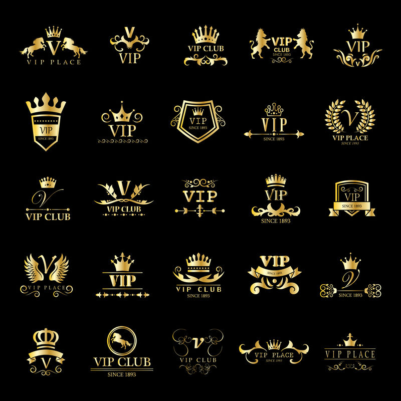 VIP标志集-黑色背景隔离-矢量插图-平面设计-用于Web、网站、打印、演示模板、移动应用程序和促销材料