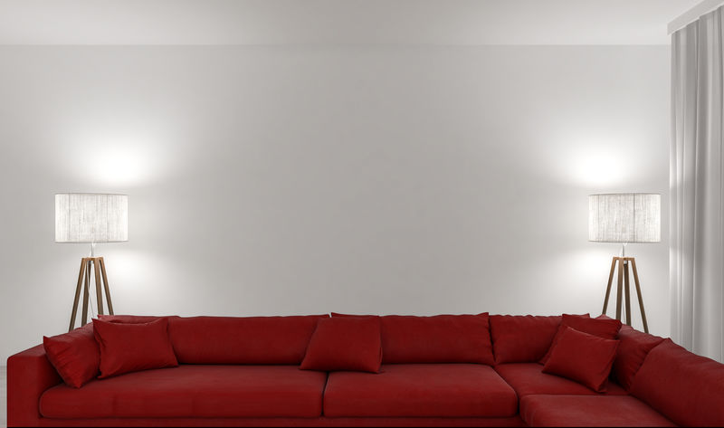 两盏灯空墙红色沙发