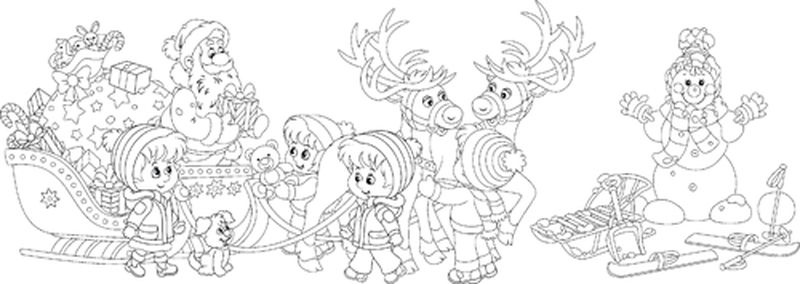 圣诞老人的神奇驯鹿给快乐的小朋友们送上圣诞礼物-黑白矢量卡通插图作为彩色书页