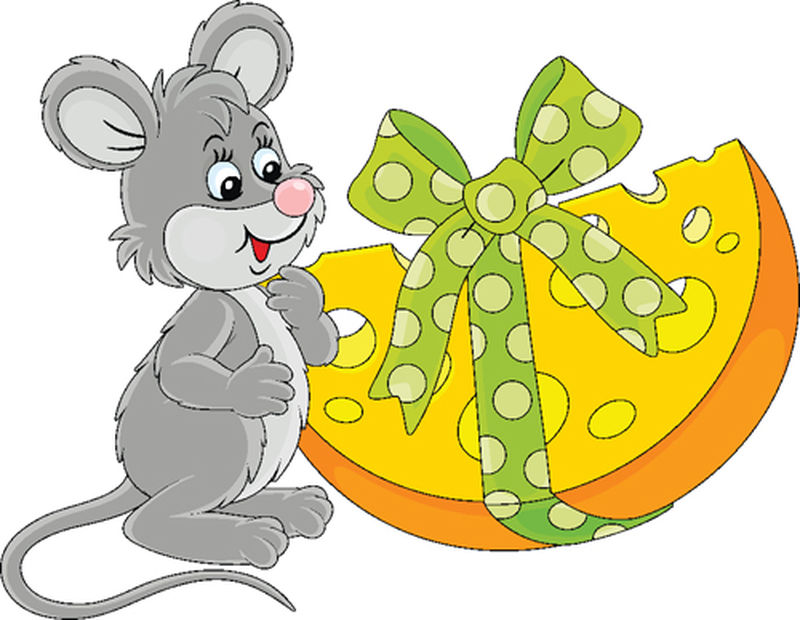 快乐友好的微笑灰色鼠标-搭配美味的节日礼物奶酪-矢量卡通插图
