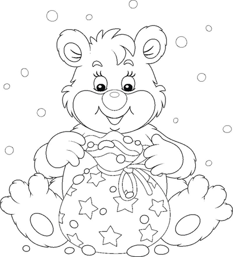 快乐友好微笑的小北极熊和一个带节日礼物的漂亮包-黑白轮廓矢量卡通插图