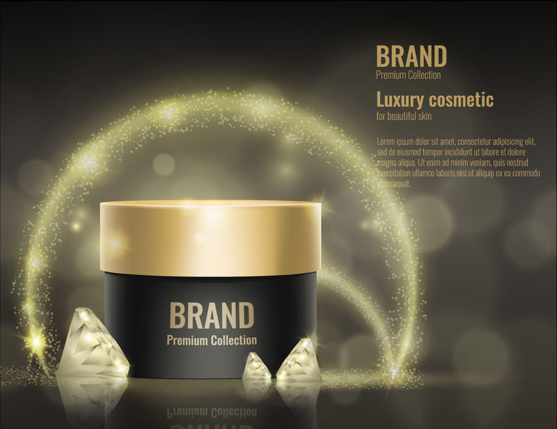 化妆品奶油逼真模板产品包装黄金矢量三维实体钻石广告插图。