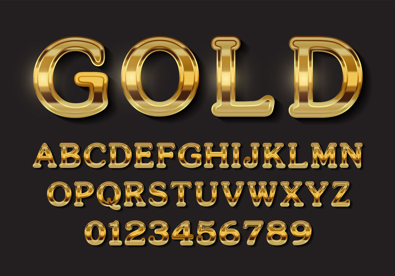 金色大写字母-一组金属光泽的3d字母-在黑暗背景上反射的孤立的金色字母