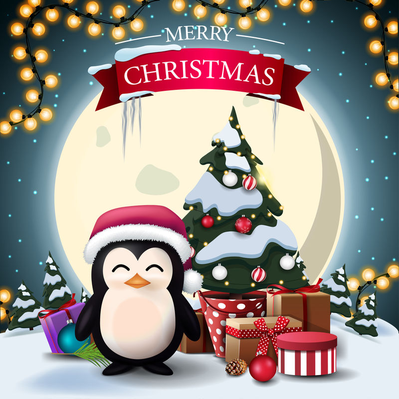圣诞快乐，带冬季风景的方形明信片，大黄月亮，戴圣诞老人帽的企鹅和带礼物的罐子里的圣诞树