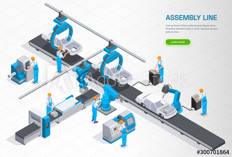 工业生产线设备等距组成与汽车装配输送机操作员控制机械臂矢量图
