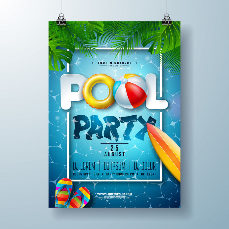 带棕榈叶和沙滩球矢量的夏日泳池派对海报模板