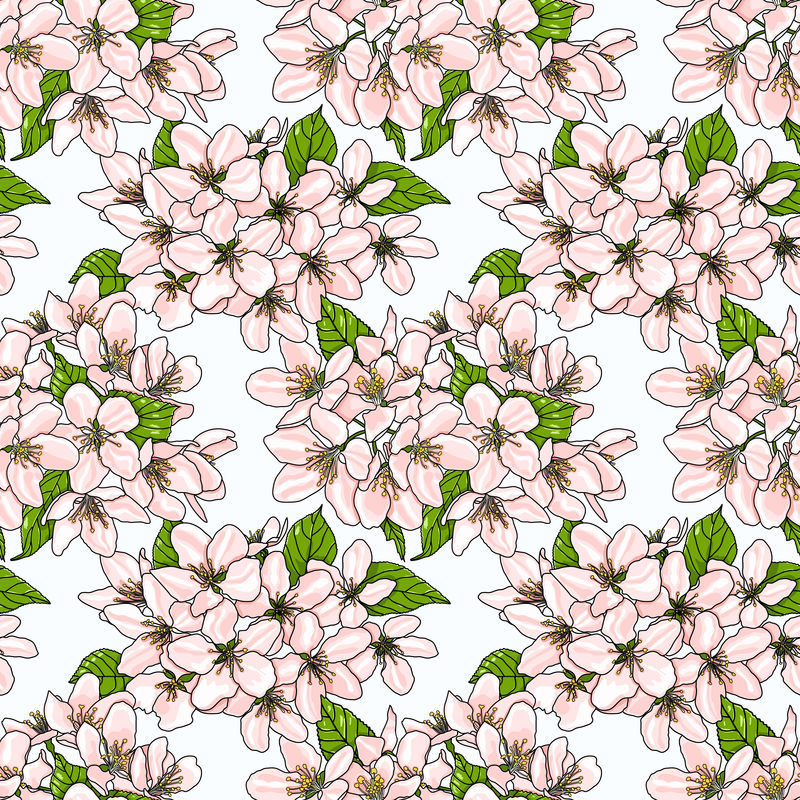 带粉红色春天苹果花的无缝图案矢量