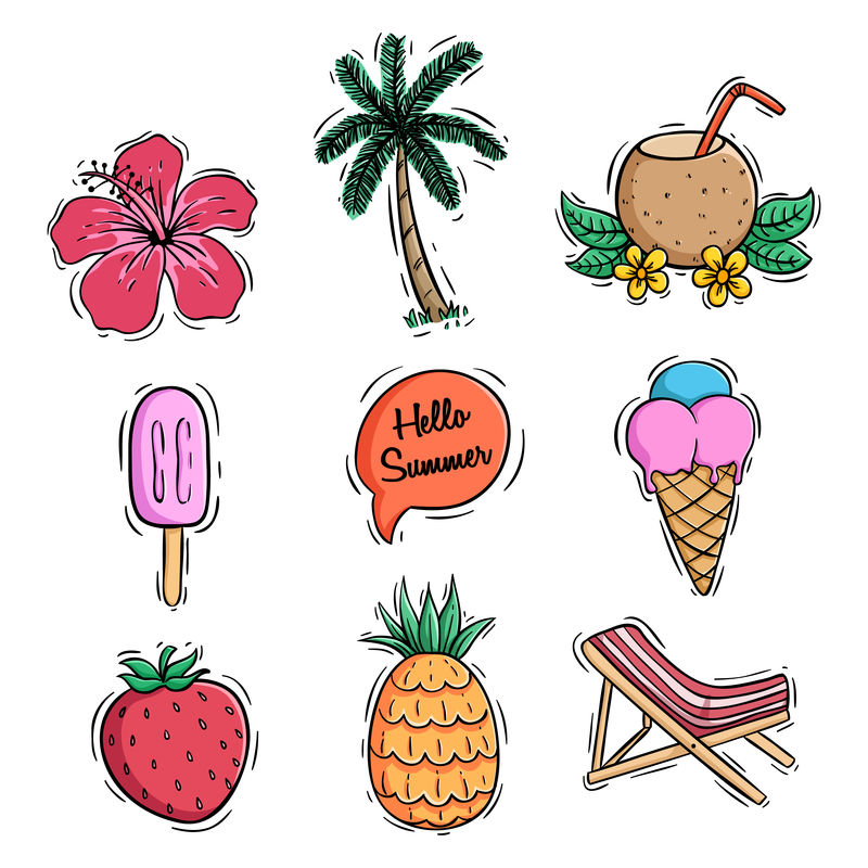 夏季图标系列菠萝椰子饮料和冰淇淋采用彩色涂鸦风格矢量