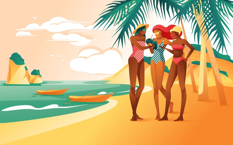 热带沙滩矢量上穿着泳装的卡通女性