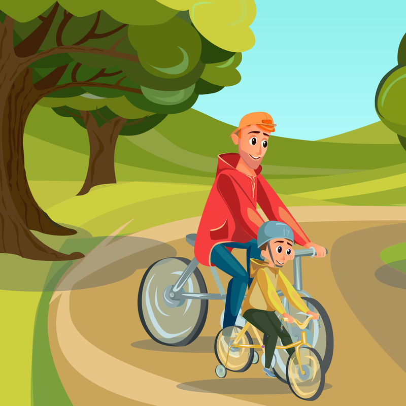 卡通父亲骑自行车儿子骑自行车在公园矢量