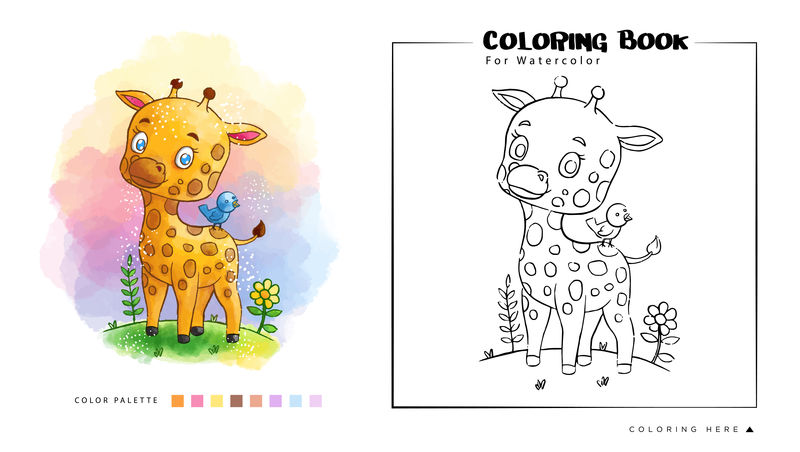 森林中可爱长颈鹿的彩色画册配以青鸟水彩插图
