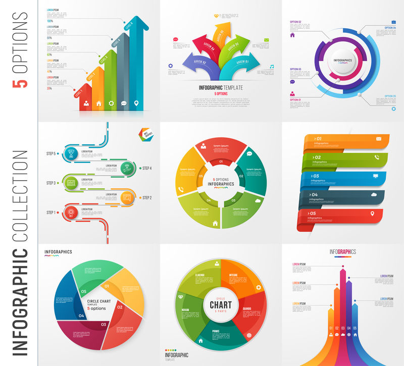 信息图形集合的5个选项矢量模板演示-数据可视化-商业概念-广告-图表-年度报告-网页设计