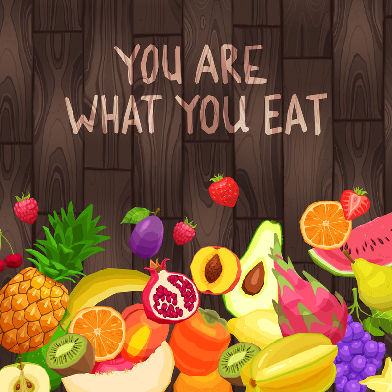 木质背景的扁平新鲜有机水果-搭配文字“你就是你吃的东西”；-矢量图解-健康素食理念-健康的生活方式