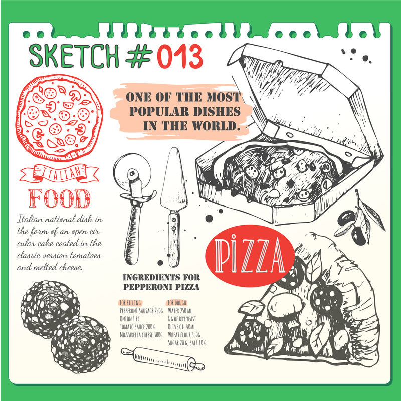 带有披萨菜单插图的食品速写本。意大利食品装饰风格。