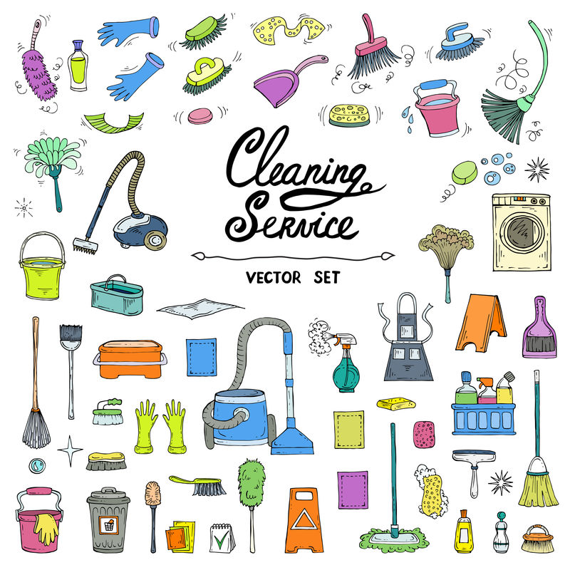 矢量集与手绘-隔离和彩色涂鸦的清洁服务-关于清洁主题的平面插图-用于设计、网站、包装、纺织品、织物的草图