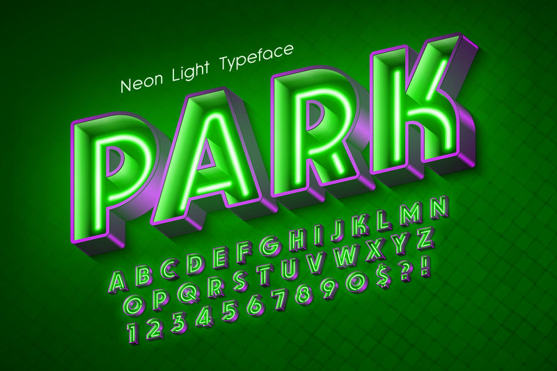 霓虹灯3d字母表，额外发光字体。