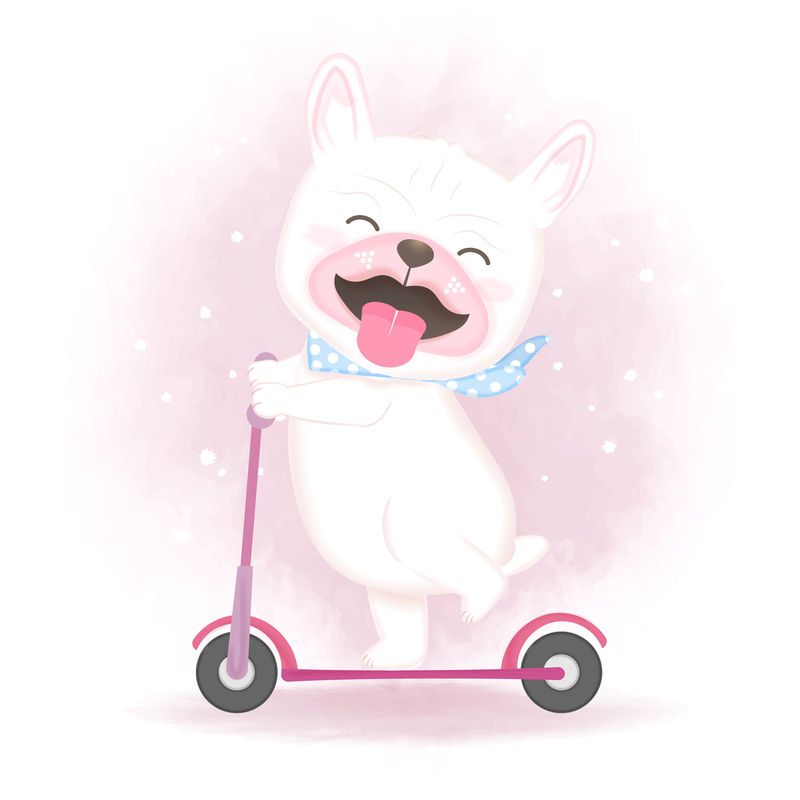可爱的狗骑着滑板车，手绘卡通水彩画illustr