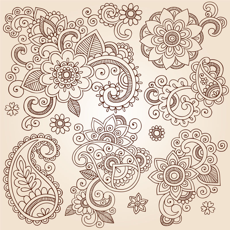Henna Mehndi涂鸦抽象花卉佩斯利设计元素