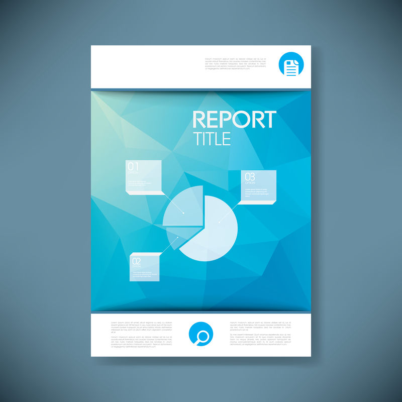 商业报告或小册子的报告封面模板。蓝色低多边形矢量背景上的饼图信息图表布局。