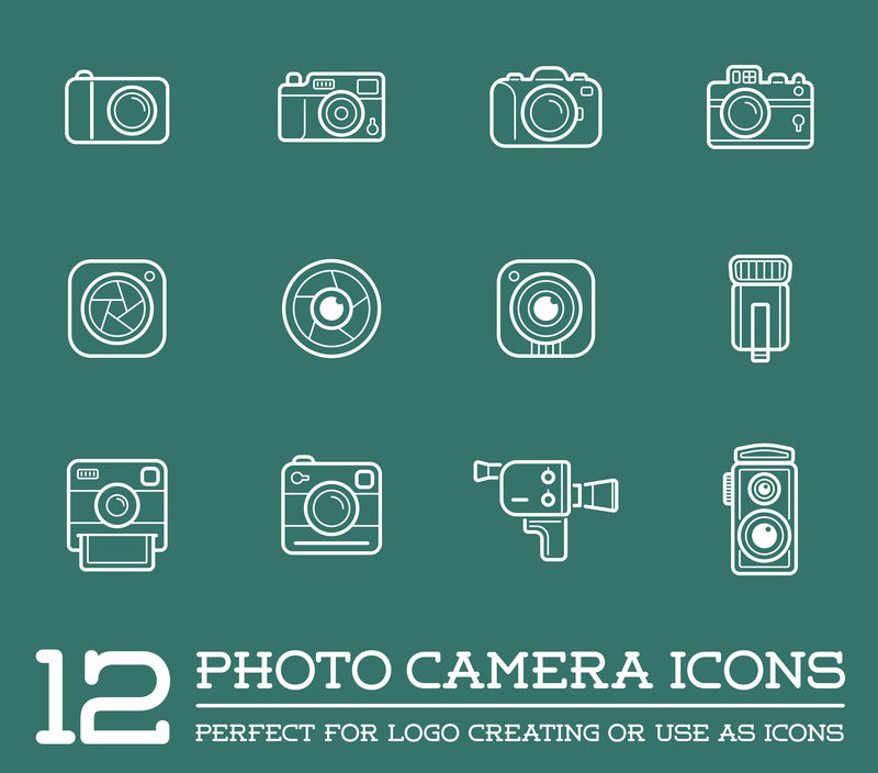 一组矢量照片或相机元素和摄像机标志插图可以用作高品质的徽标或图标