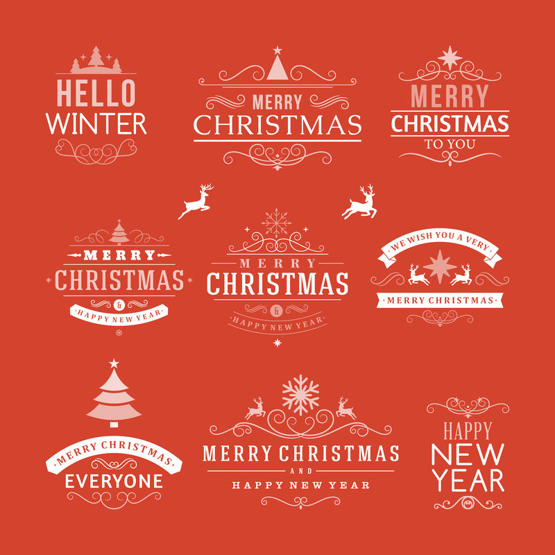 圣诞装饰设计元素、标签、符号、图标、物品和节日愿望