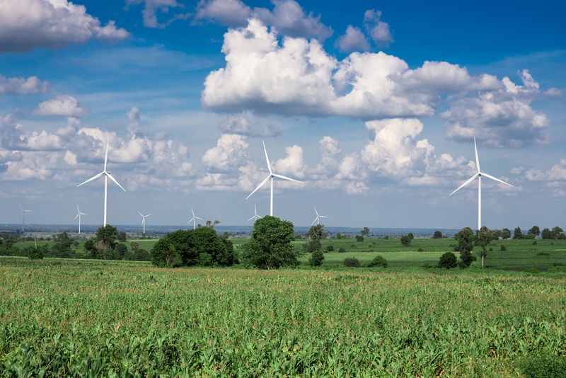 木薯背景天空中可替代能源的风力涡轮机