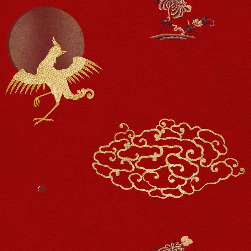 东方鸟图案红色中国背景