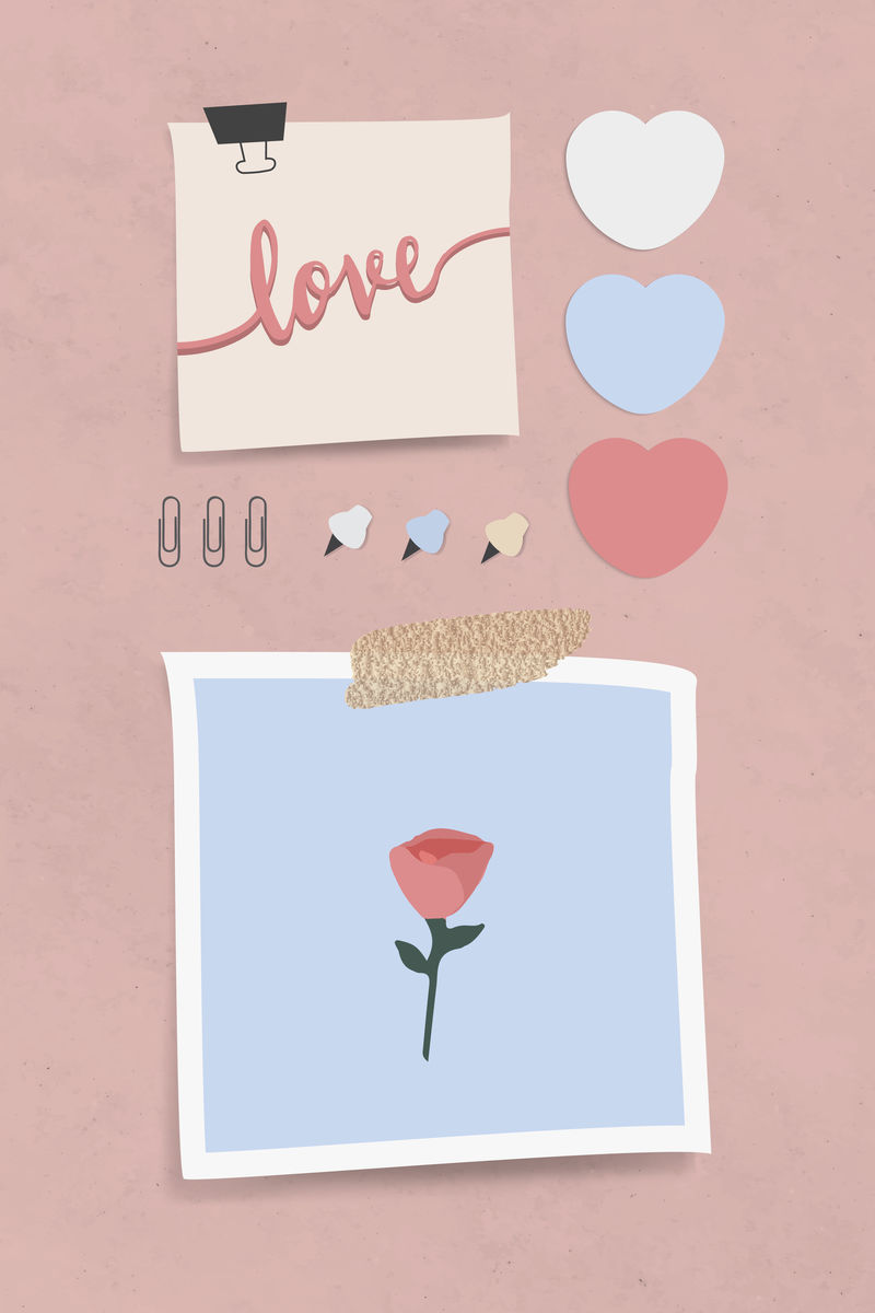 粉红色纹理背景向量上带有别针和夹子的一套爱情主题信纸