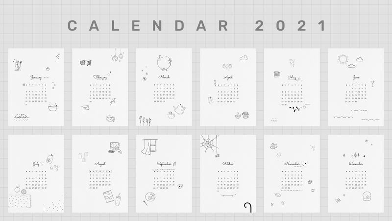 日历2021可打印模板矢量月刊集可爱涂鸦图