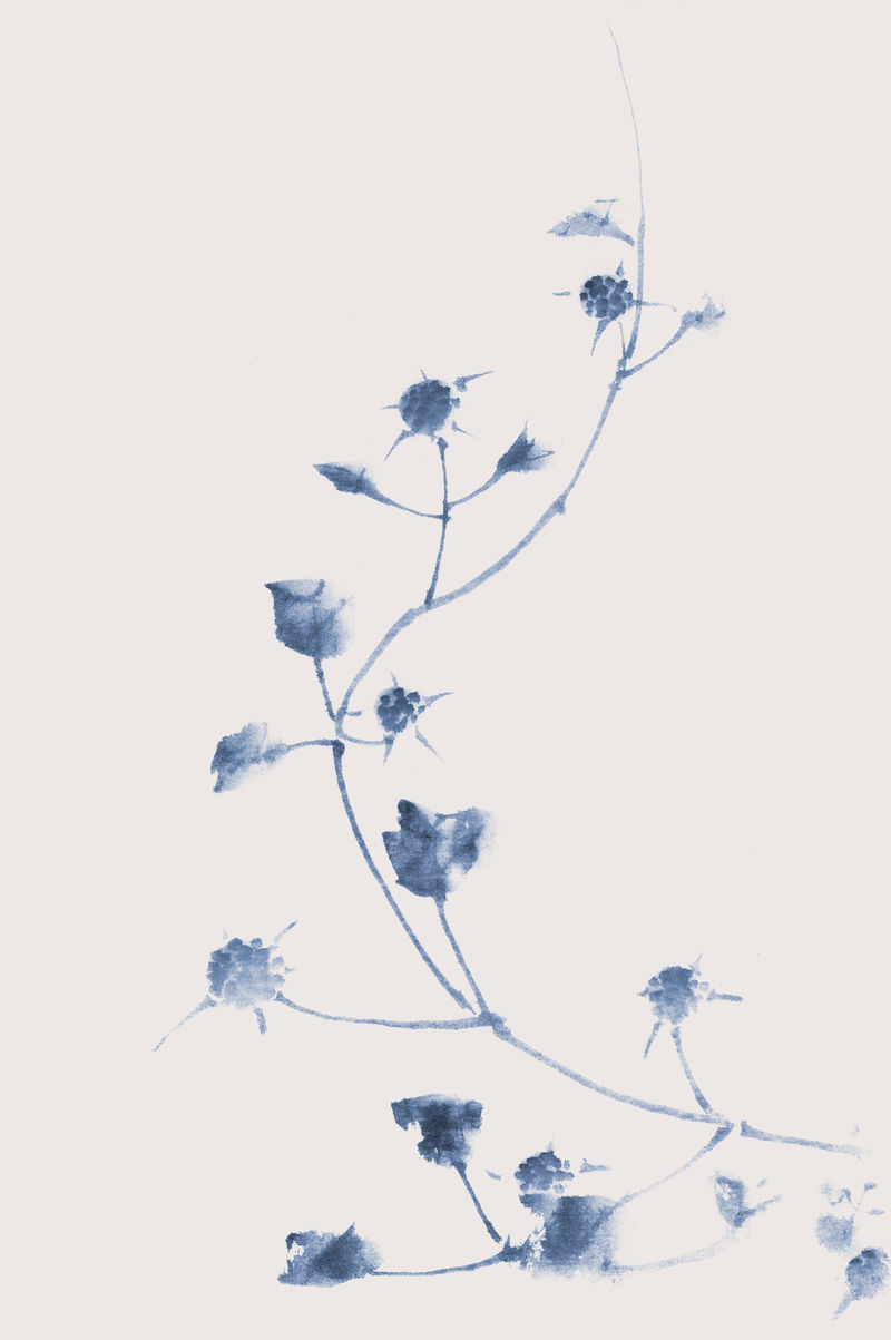 蓝色花朵复古插图混合了北斋的原画