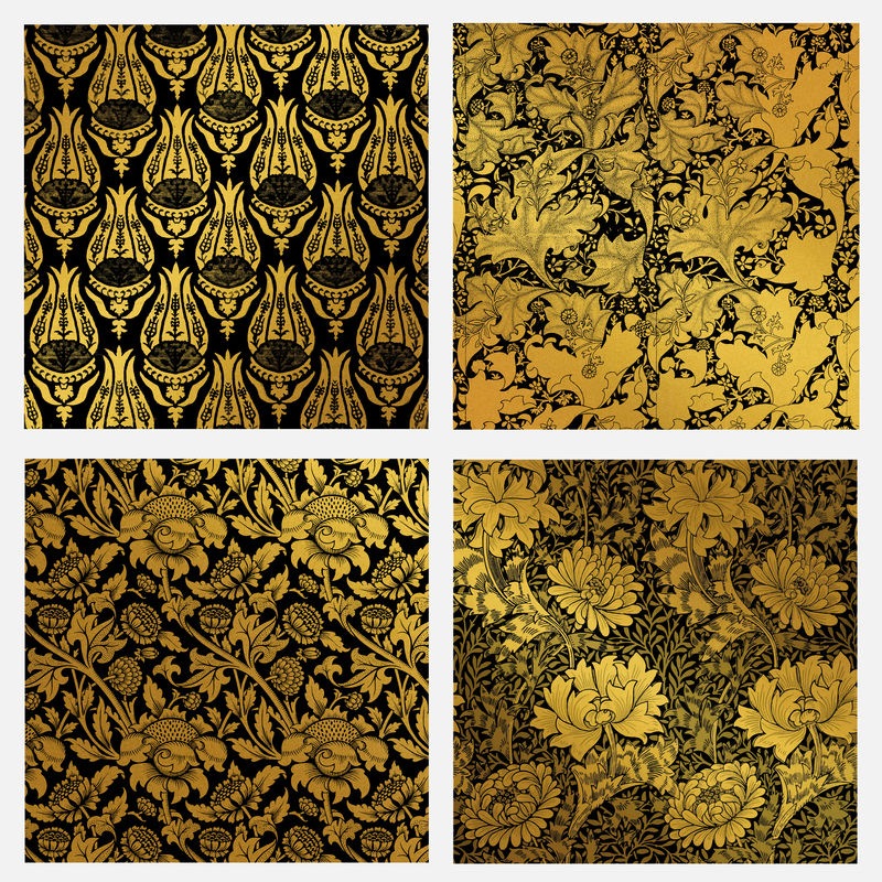 复古金色花卉图案矢量组合由威廉·莫里斯（William Morris）设计