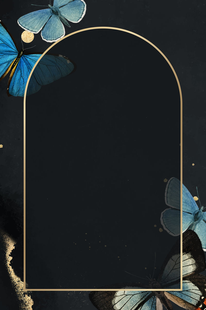 带蓝色蝴蝶图案背景向量的金色框架
