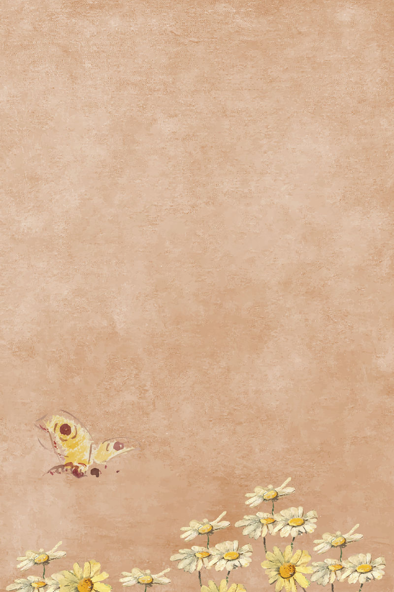 黄色和白色雏菊与蝴蝶棕色油画背景向量