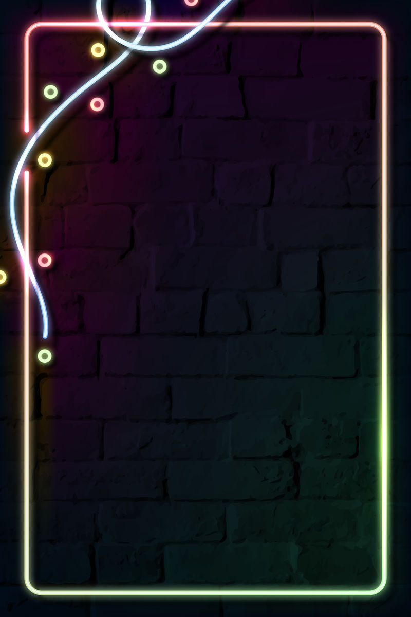 矩形彩色霓虹灯框架上的黑色砖墙向量