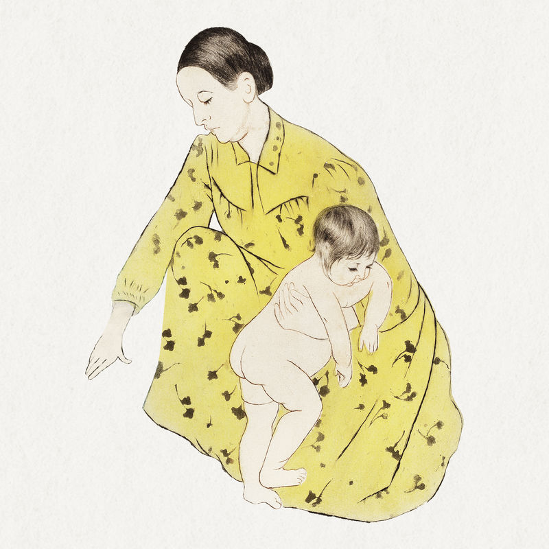 复古手绘母亲沐浴她的孩子插图混合从玛丽卡萨特的艺术作品