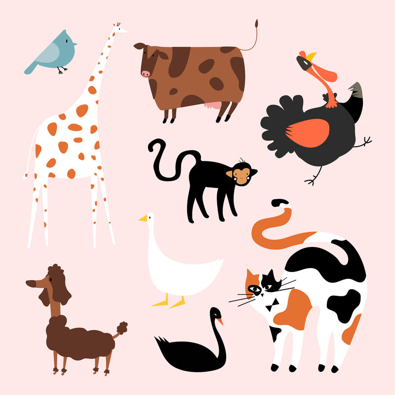 平面动物插图矢量集9个可爱的动物