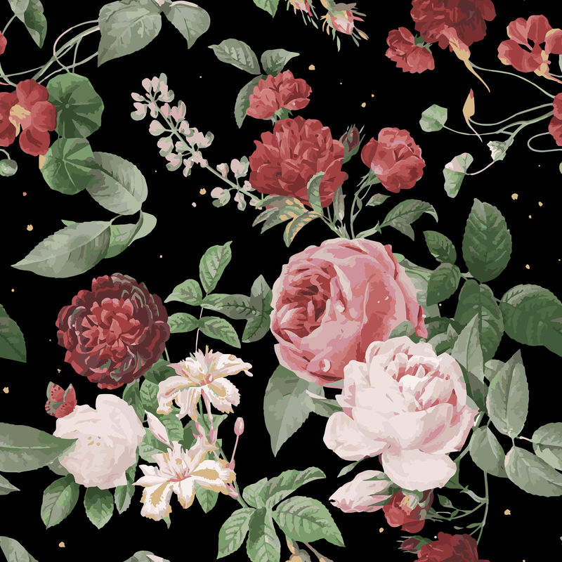 粉红玫瑰和牡丹矢量花卉图案复古插图