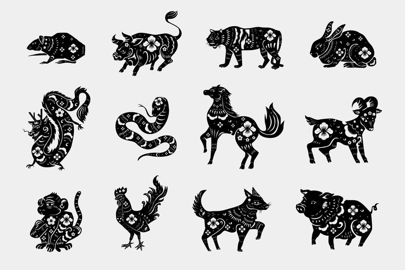 中国动物十二生肖矢量黑色年画系列