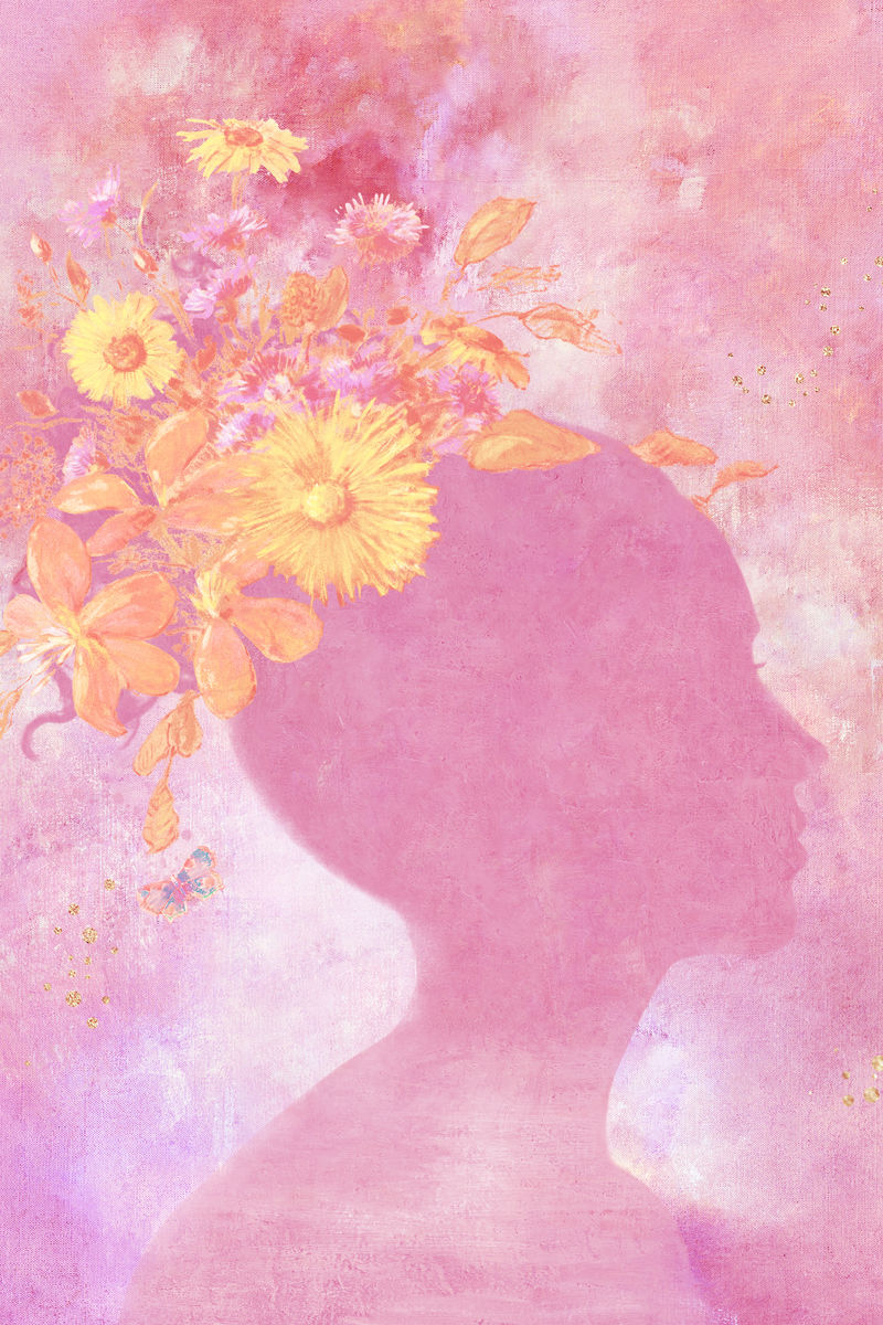 粉色画背景插画上带花的女人影
