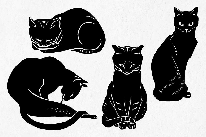 Vintage linocut black cats矢量剪贴画系列