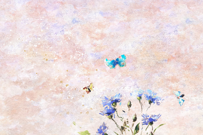 粉红色背景上的蓝色花朵油画矢量
